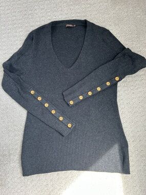 J. McLaughlin Charcoal Ribbed V-Neck Sweater with Button Sleeve Detail